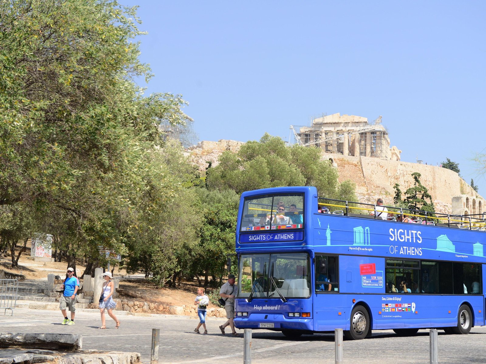 Blue Hop-On Hop-Off Bus